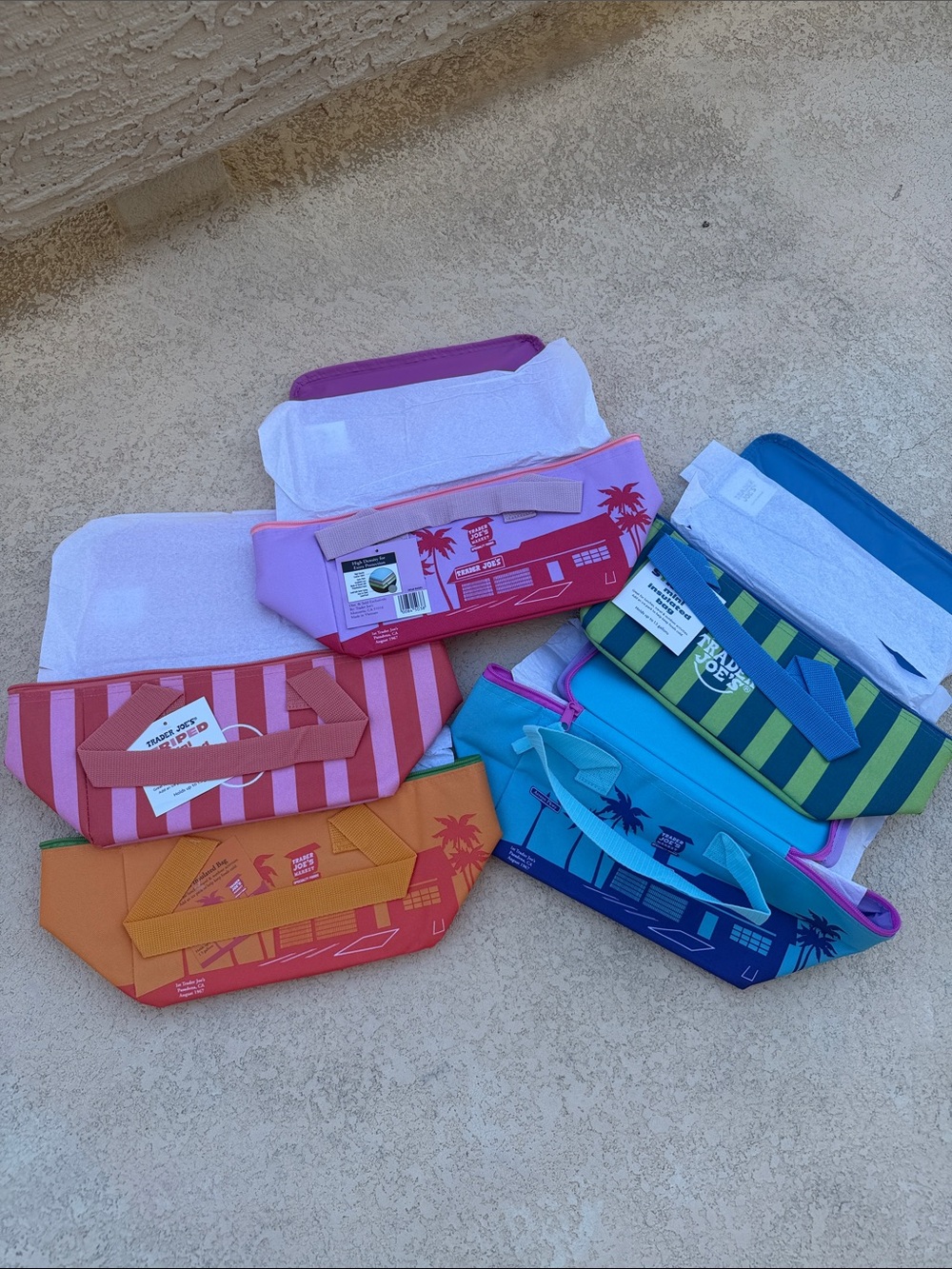Trader Joes Insulated Mini Tote Bund - pink, lavender, blue, orange, green/blue